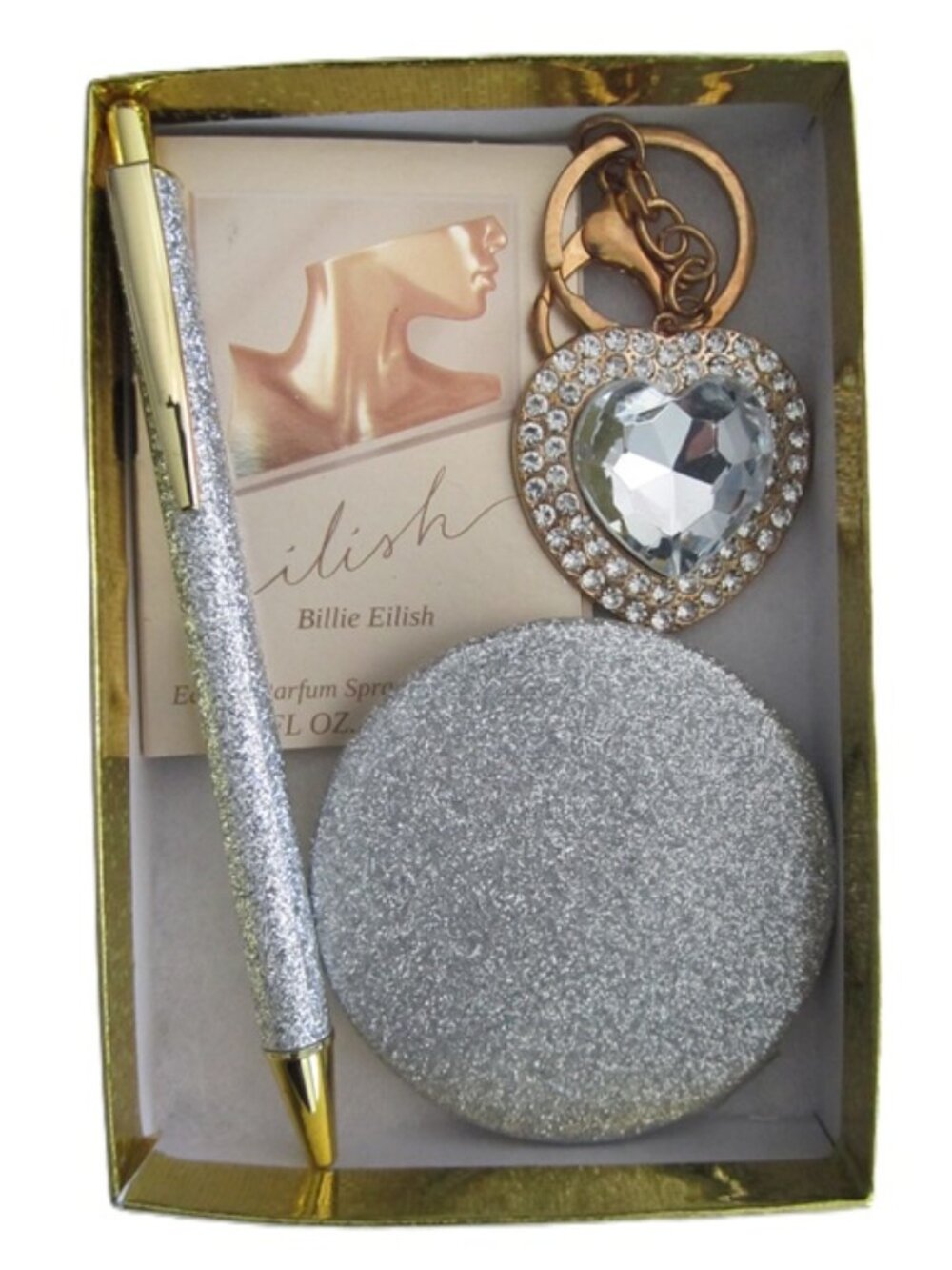 Purse Set Glitter Compact Mirror Ink Pen, Crystal Keychain & Billie Ellish Scent